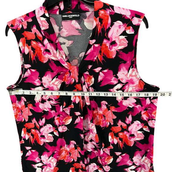 Karl Lagerfeld Top Women L Pink Black Floral Sleeveless Blouse Career Stretch - Picture 3 of 11